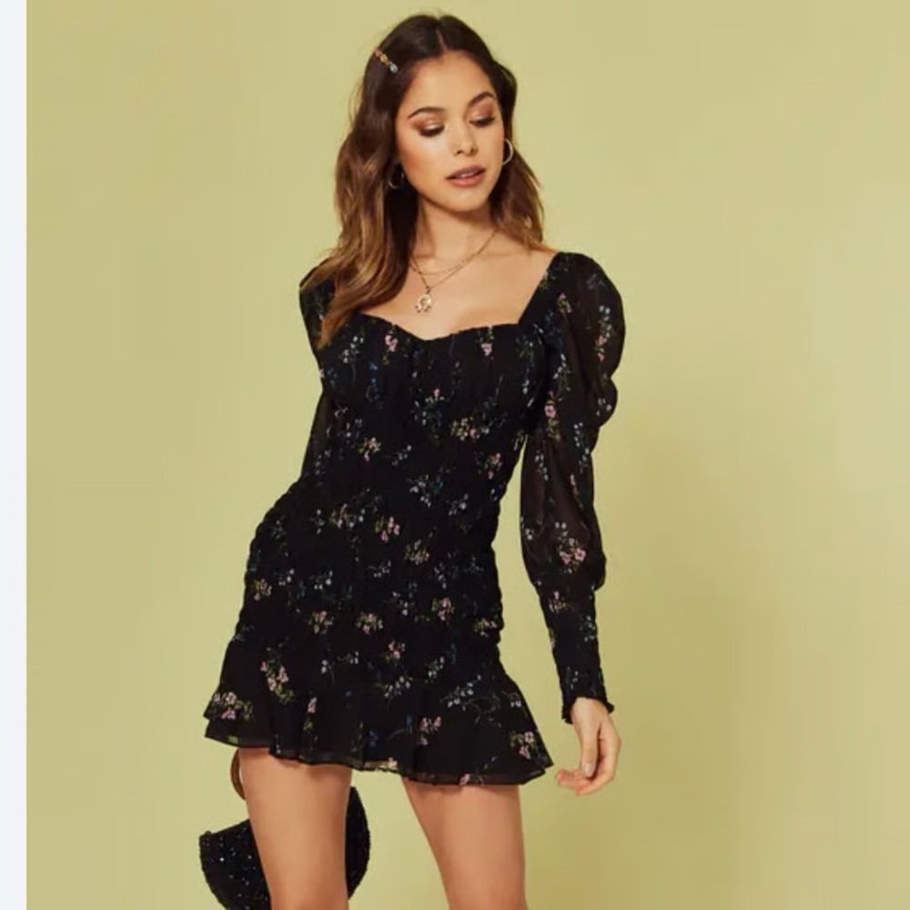 For Love & Lemons Dixon Black Long Sleeve Floral Smocked Mini Dress size XS